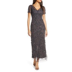 Pisarro Nights Women’s Beaded Mesh Column Gown Slate Gray Size 6 NWT